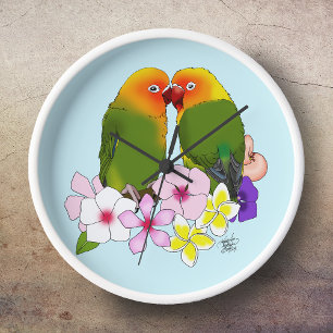 Love Birds Tropical Flowers Clock