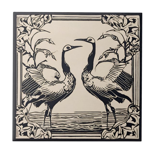 Love Birds two Cranes Black Art Deco Art Nouveau Tile (Front)