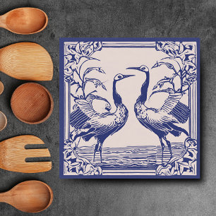 Love Birds two Cranes Blue Art Deco Art Nouveau Tile