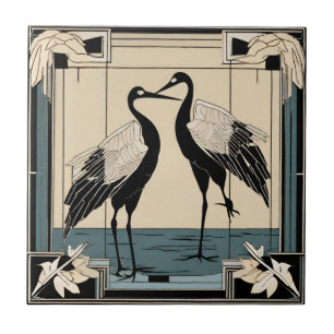 Love Birds two Cranes Blue Art Deco Art Nouveau Tile