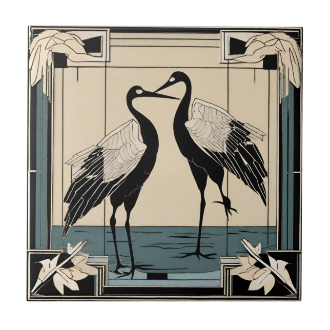 Love Birds two Cranes Blue Art Deco Art Nouveau Tile (Front)