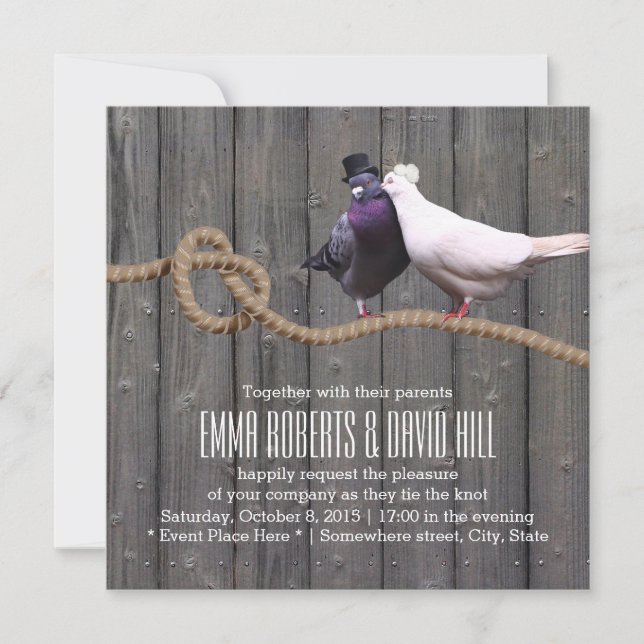 Love Birds Tying the Knot Barn Wood Wedding Invitation (Front)