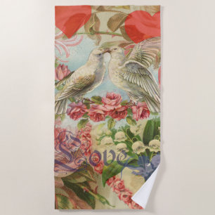 Love Birds Vintage Antique Heart Beach Towel