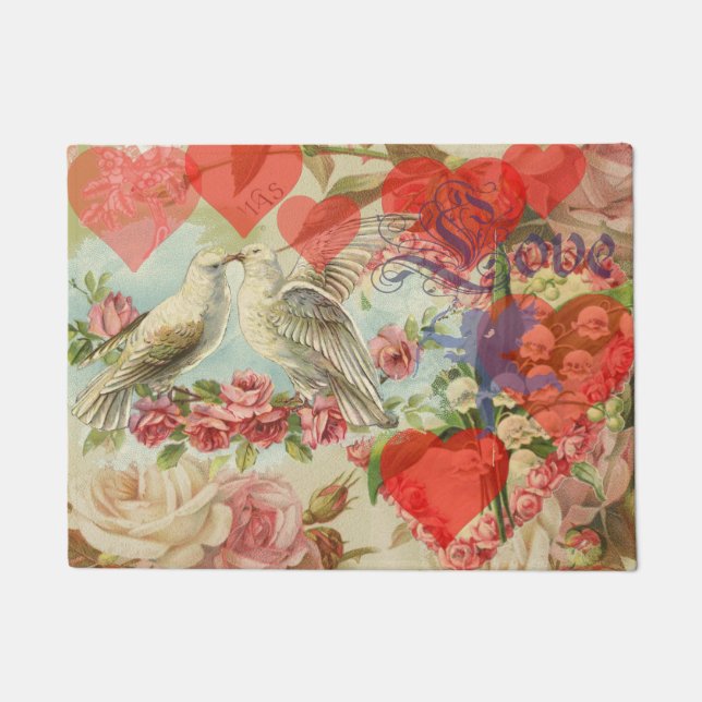 Love Birds Vintage Antique Heart Doormat (Front)