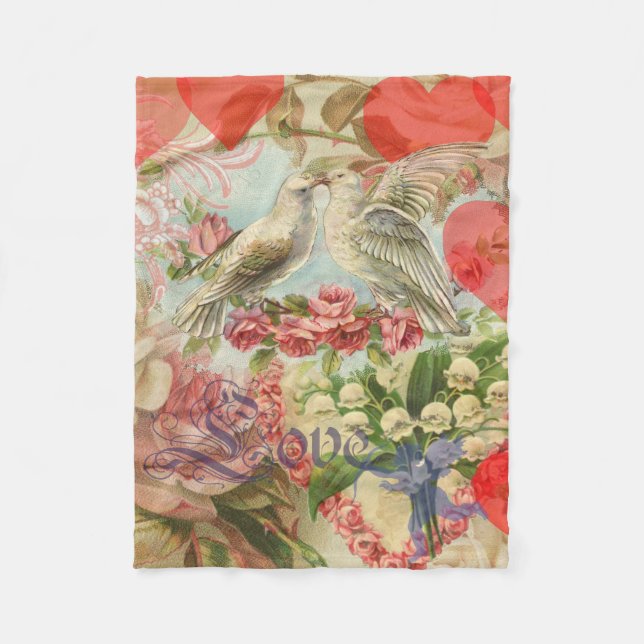 Love Birds Vintage Antique Heart Fleece Blanket (Front)