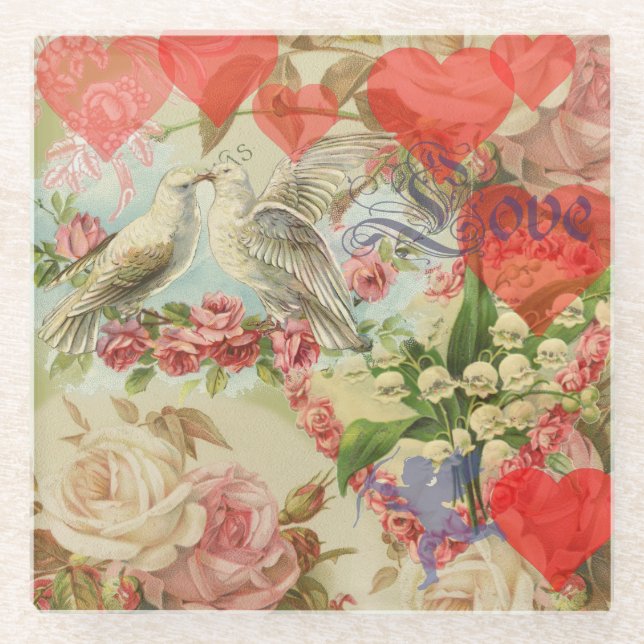 Love Birds Vintage Antique Heart Glass Coaster (Front)