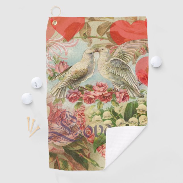 Love Birds Vintage Antique Heart Golf Towel (InSitu)