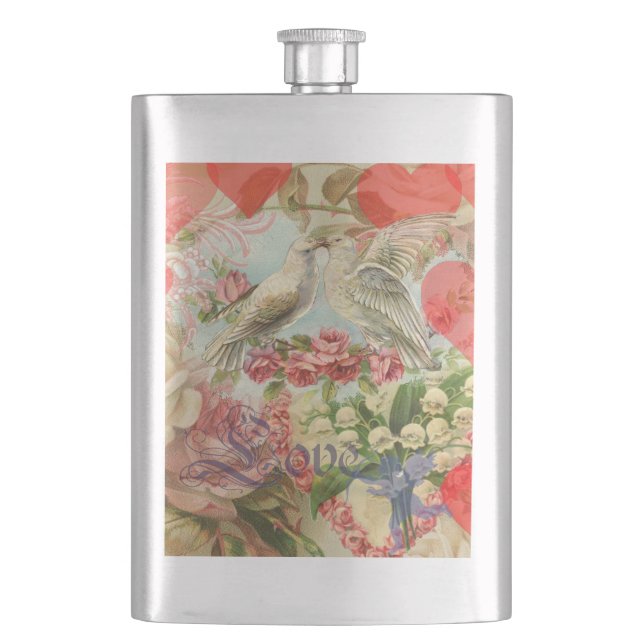 Love Birds Vintage Antique Heart Hip Flask (Front)