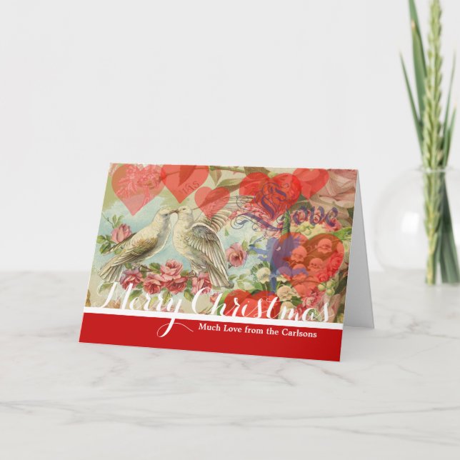 Love Birds Vintage Antique Heart Holiday Card (Front)