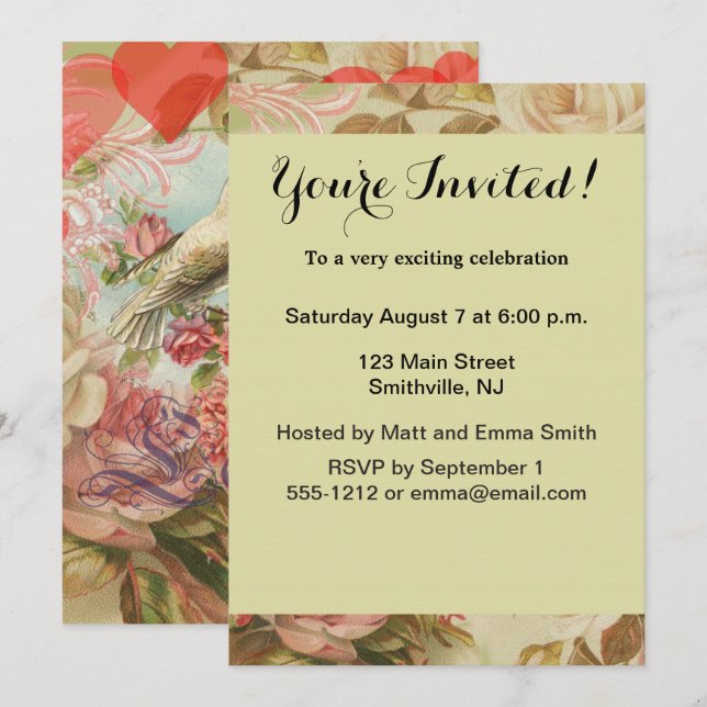 Love Birds Vintage Antique Heart Invitation (Front/Back)