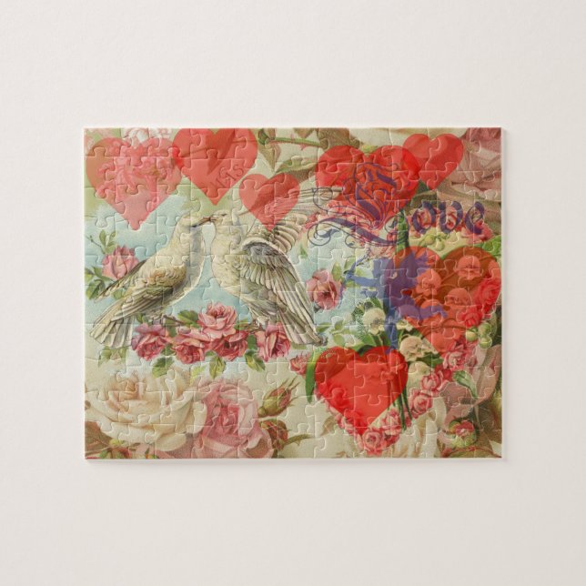 Love Birds Vintage Antique Heart Jigsaw Puzzle (Horizontal)