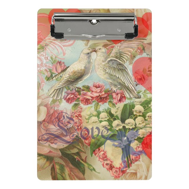 Love Birds Vintage Antique Heart Mini Clipboard (Front)