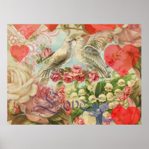 Love Birds Vintage Antique Heart Poster
