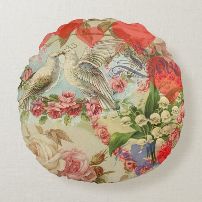 Love Birds Vintage Antique Heart Round Cushion (Front)