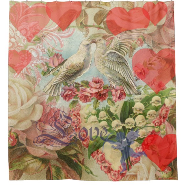 Love Birds Vintage Antique Heart Shower Curtain (Front)