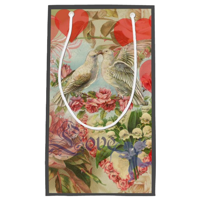 Love Birds Vintage Antique Heart Small Gift Bag (Front)
