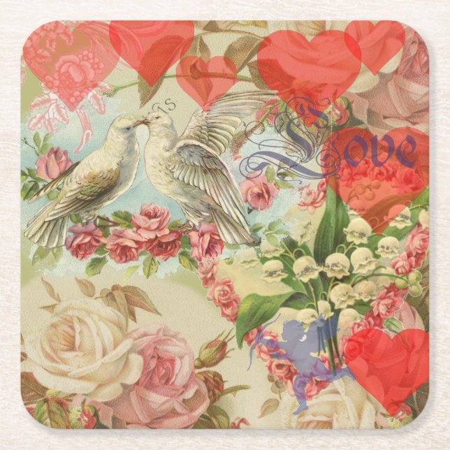 Love Birds Vintage Antique Heart Square Paper Coaster (Front)
