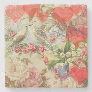 Love Birds Vintage Antique Heart Stone Coaster