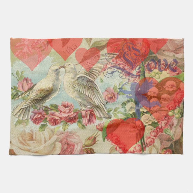Love Birds Vintage Antique Heart Tea Towel (Horizontal)