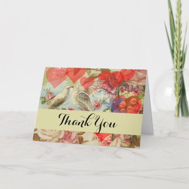 Love Birds Vintage Antique Heart Thank You Card (Front)