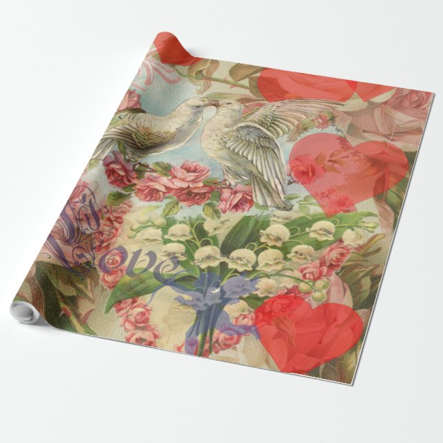 Love Birds Vintage Antique Heart Wrapping Paper (Unrolled)