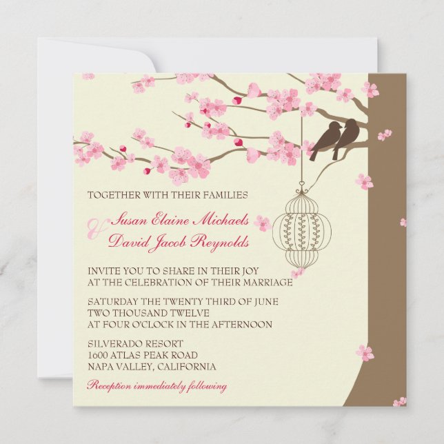 Love Birds Vintage Cage Cherry Blossom Wedding Invitation (Front)