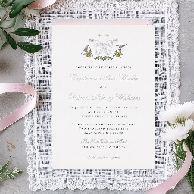 Love Birds "W" Monogram Foil Wedding Invitation (Creator Uploaded)