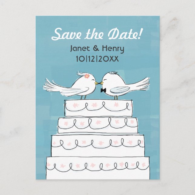 Love Birds Wedding Cake Kiss Save the Date Announcement Postcard (Front)