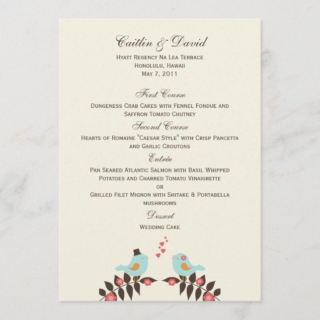 Love Birds Wedding Menu Card (Front)