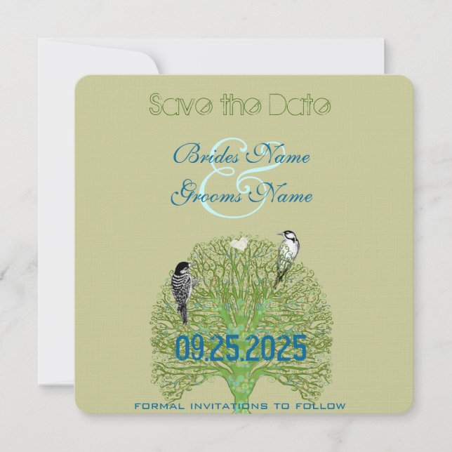 Love Birds Woodpecker Green Swirl Tree Wedding  Save The Date (Front)