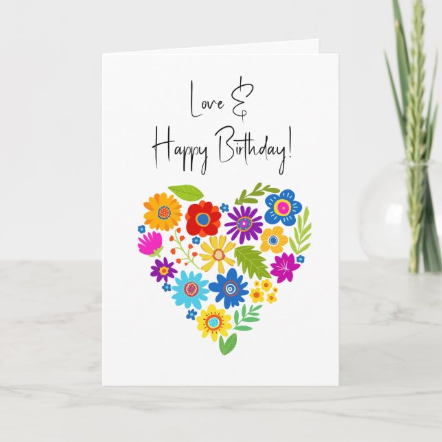 Love Birthday Heart Flowers Happy Greeting Card (Front)