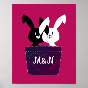 Love Black And White Bunnies On Magenta Cartoonish Poster