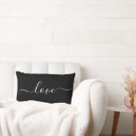 LOVE | Black and White Reversible Lumbar Cushion<br><div class="desc">This custom throw pillow features a modern script font that reads "love", scrolled across both sides with inverse, reversible colours. Personalisation, such as a name or message, can easily be added by clicking "customise further". Makes a great gift for Valentines Day, newlyweds or just to freshen up the decor. Other...</div>
