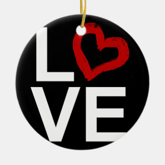 LOVE, Black and White with Red Sketched Heart Ceramic Tree Decoration
