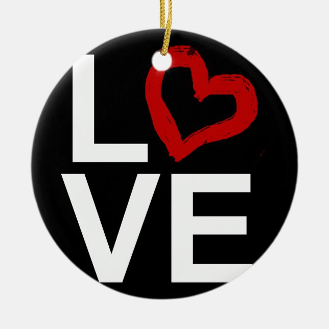 LOVE, Black and White with Red Sketched Heart Ceramic Tree Decoration (Front)