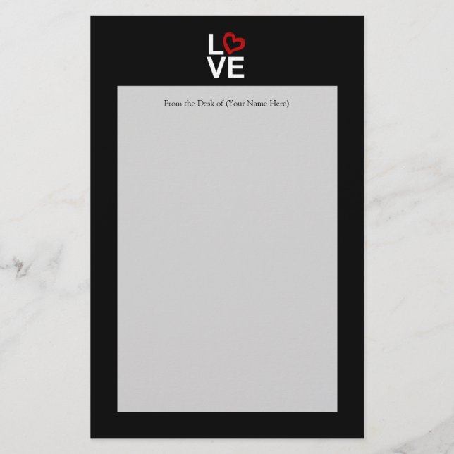 LOVE, Black and White with Red Sketched Heart Stationery (Front)