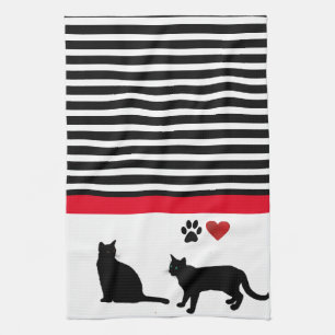 Love Black Cat with Black White Stripes Decor  Tea Towel