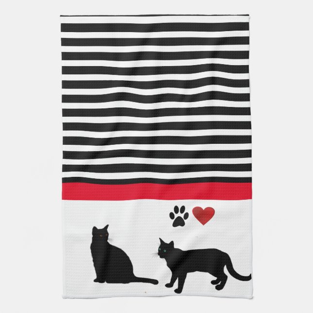 Love Black Cat with Black White Stripes Decor  Tea Towel (Vertical)