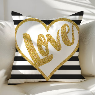 Love Black & White Gold Glitter Stripes Cushion