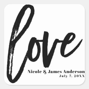 LOVE Black White Modern Typography Wedding Favour Square Sticker