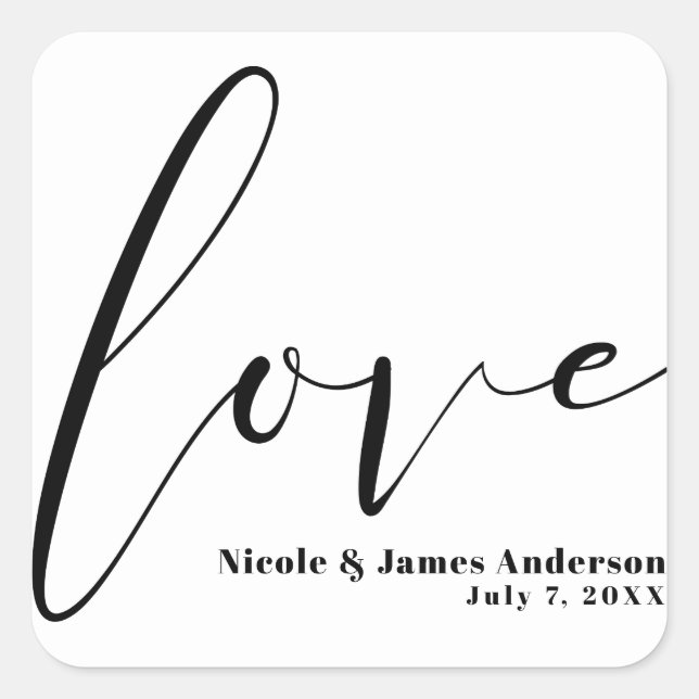 LOVE Black White Modern Typography Wedding Favour Square Sticker (Front)