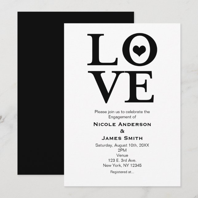 LOVE Black & White Wedding Engagement Invitations (Front/Back)