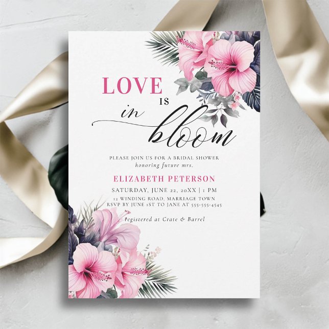  Love Bloom Hibiscus Tropical Pink Bridal Shower Invitation (love is in bloom bridal shower invitation tropical pink hibiscus flowers floral frame elegant chic)