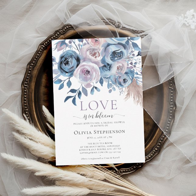 Love Bloom Something Blue Roses Bridal Shower Invitation (something blue bridal shower invitation floral roses boho pampas grass love in bloom watercolor)