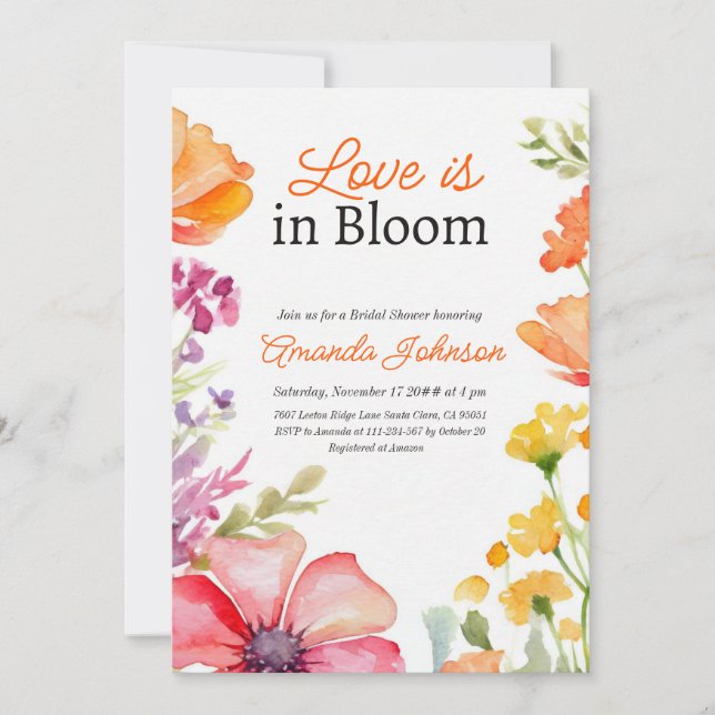 Love Bloom Wildflower Peach Floral Bridal Shower Invitation (Front)