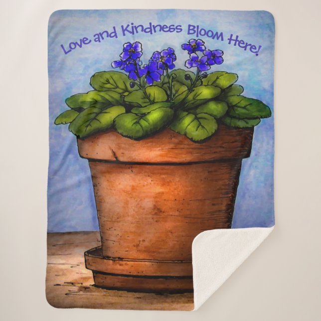 Love Blooms Here Violets Floral Sherpa Blanket (Front)