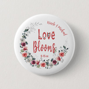 Love Blooms Personalised Bride Groom Wedding Date 6 Cm Round Badge