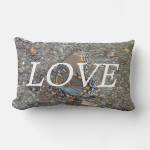 lOVE ,blue butterfly on pebbles inspiration pillow