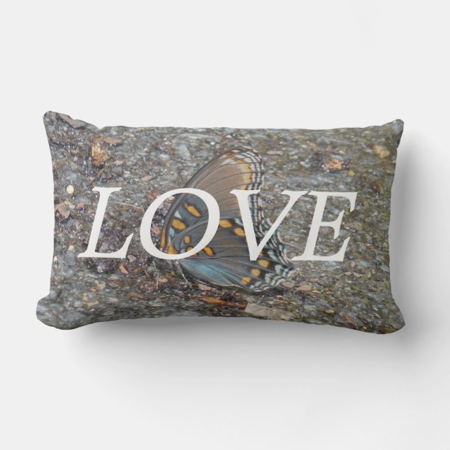 lOVE ,blue butterfly on pebbles inspiration pillow (Front)
