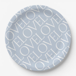 Love Blue Grey Typographic Pattern Paper Plates